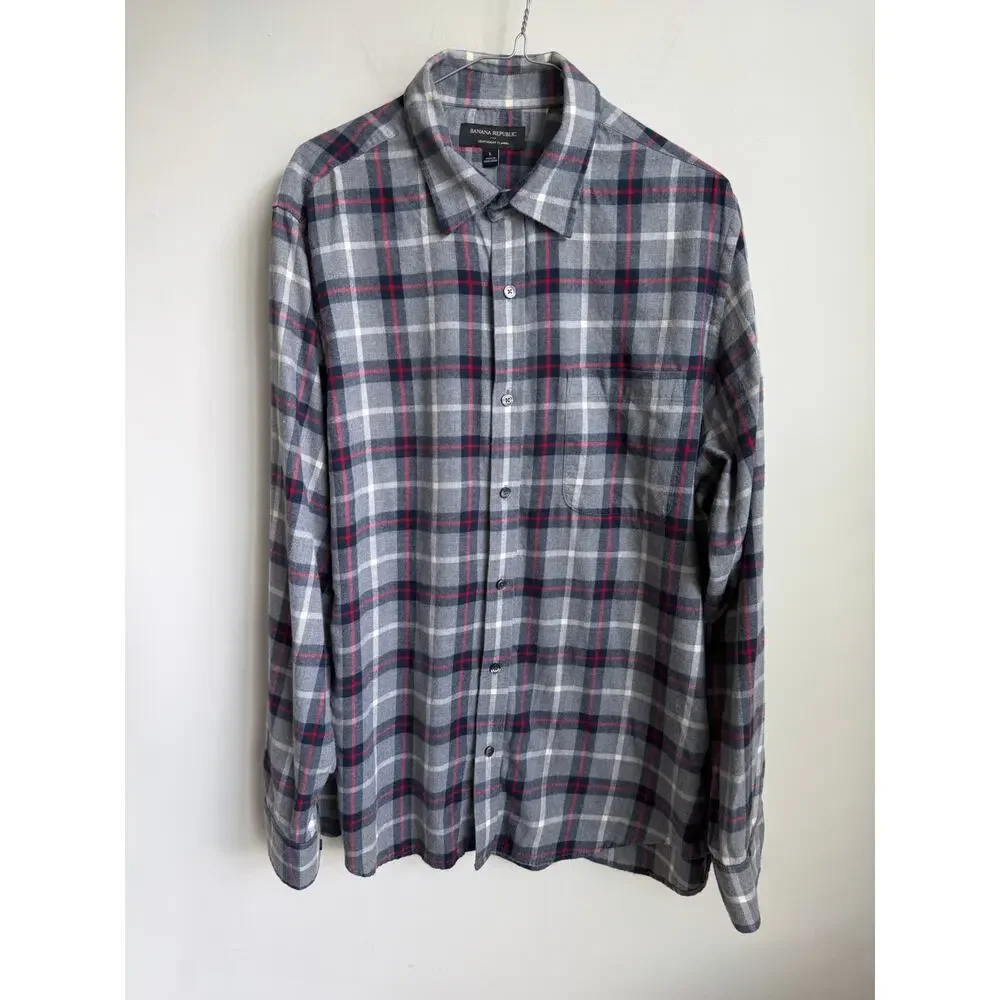 Banana Republic Plaid Long Sleeve Lightweight Flannel Button-Up Shirt Gray Large